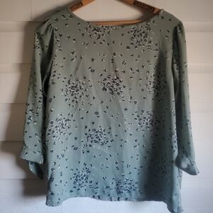 Womens Teal Floral Blouse Small Medium 3/4 Tie Sleeves